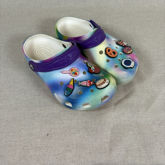 CROCS Other - Crocs Classic Clogs Solarized Tie Dye Rainbow Purple w/Charms Slip On Shoes J2‎